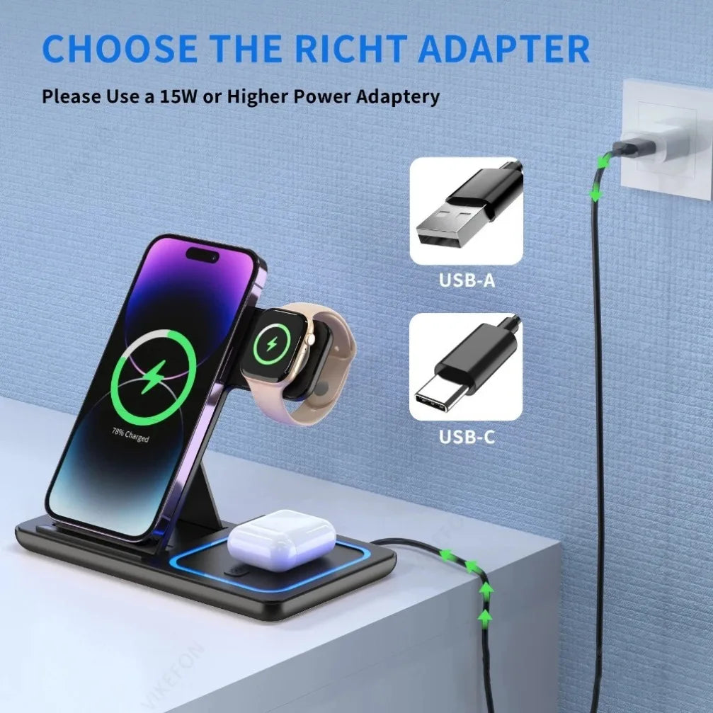 Carregador Wireless 3 em 1 Dobrável para iPhone, Apple Watch e AirPods