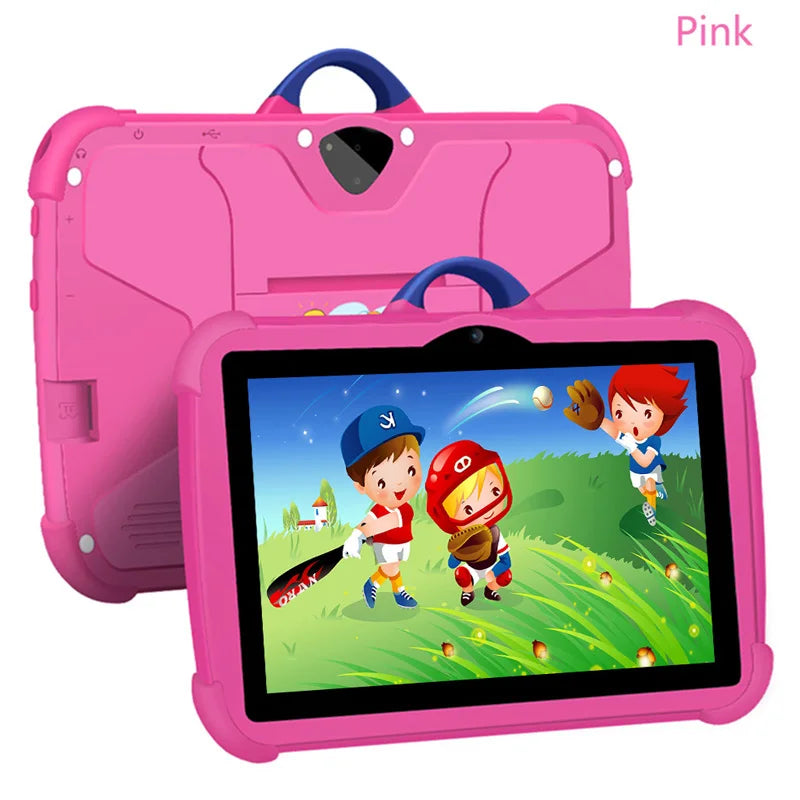 Tablet Infantil 7” Android com capa divertida, 4GB RAM, 64GB armazenamento e jogos educativos para crianças.