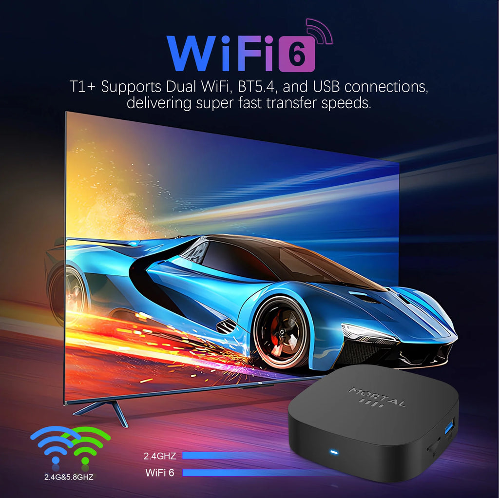 TV Box Android 16 8K com 8GB RAM, 128GB armazenamento e Wi-Fi Dual Band para entretenimento em alta qualidade.