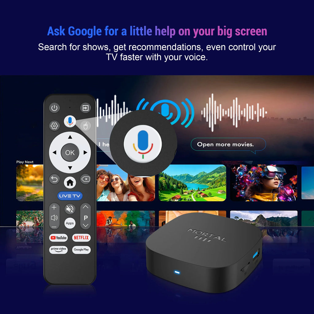 TV Box Android 16 8K com 8GB RAM, 128GB armazenamento e Wi-Fi Dual Band para entretenimento em alta qualidade.