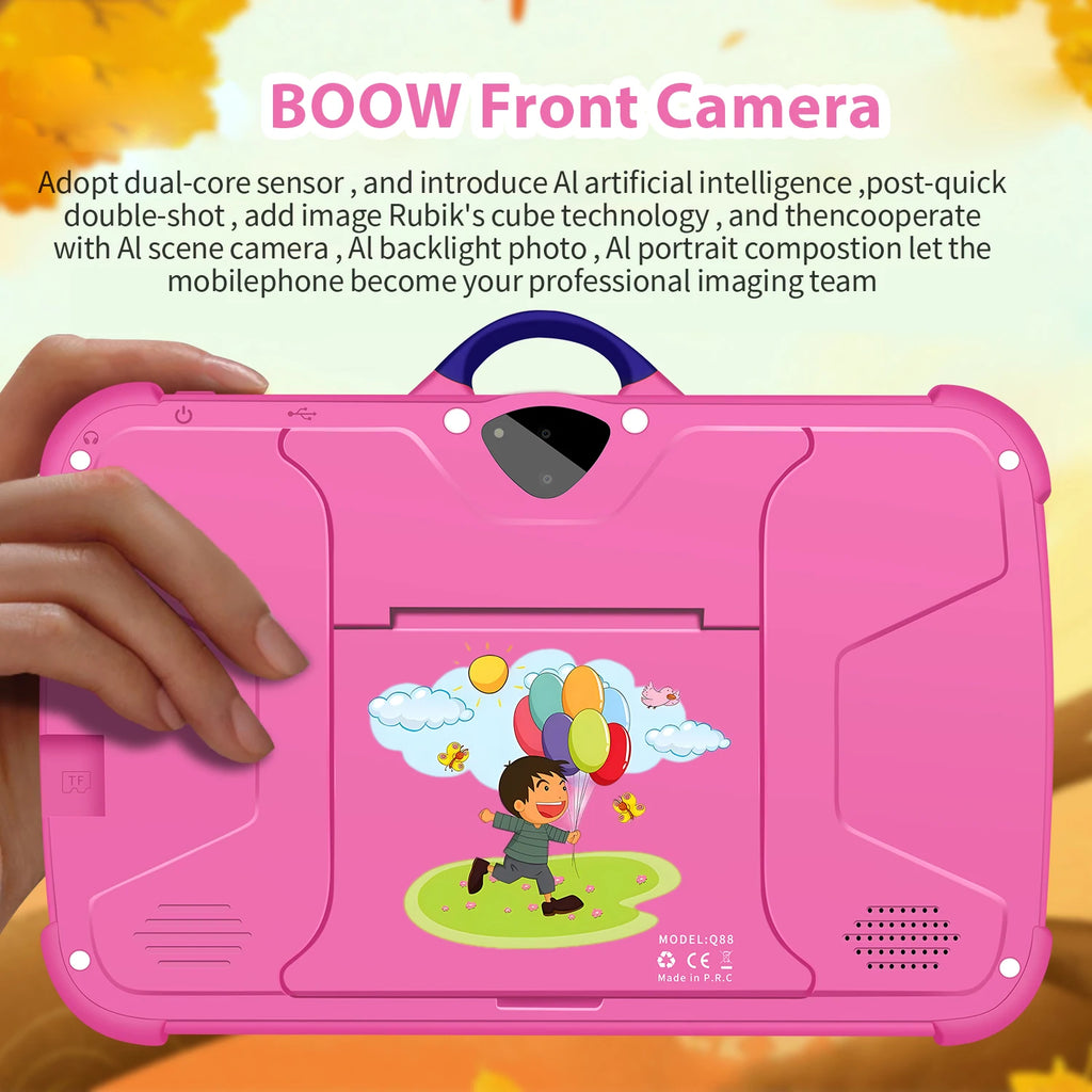Tablet Infantil 7” Android com capa divertida, 4GB RAM, 64GB armazenamento e jogos educativos para crianças.
