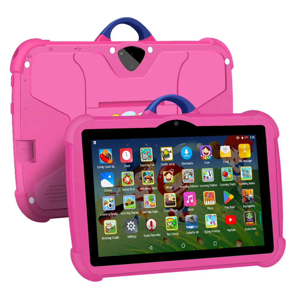Tablet Infantil 7” Android com capa divertida, 4GB RAM, 64GB armazenamento e jogos educativos para crianças.