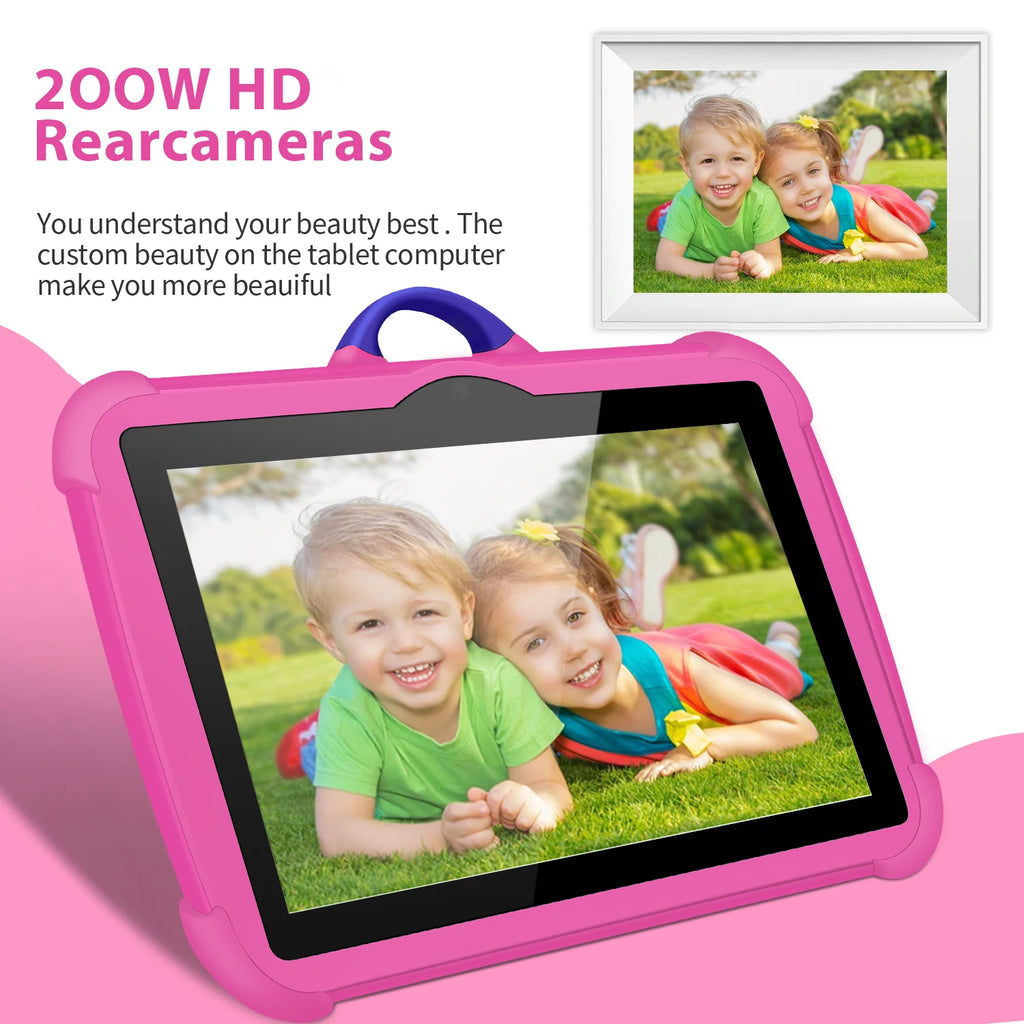Tablet Infantil 7” Android com capa divertida, 4GB RAM, 64GB armazenamento e jogos educativos para crianças.