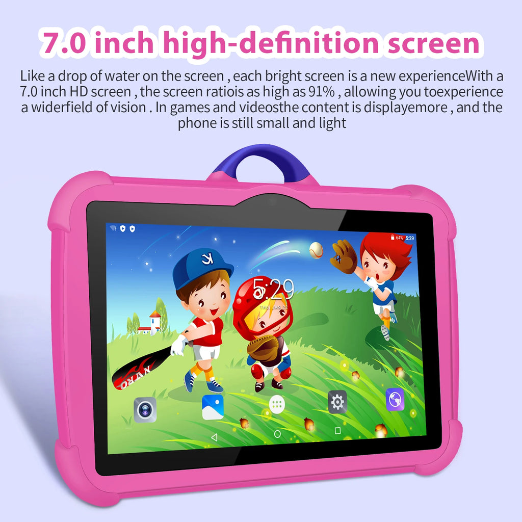 Tablet Infantil 7” Android com capa divertida, 4GB RAM, 64GB armazenamento e jogos educativos para crianças.