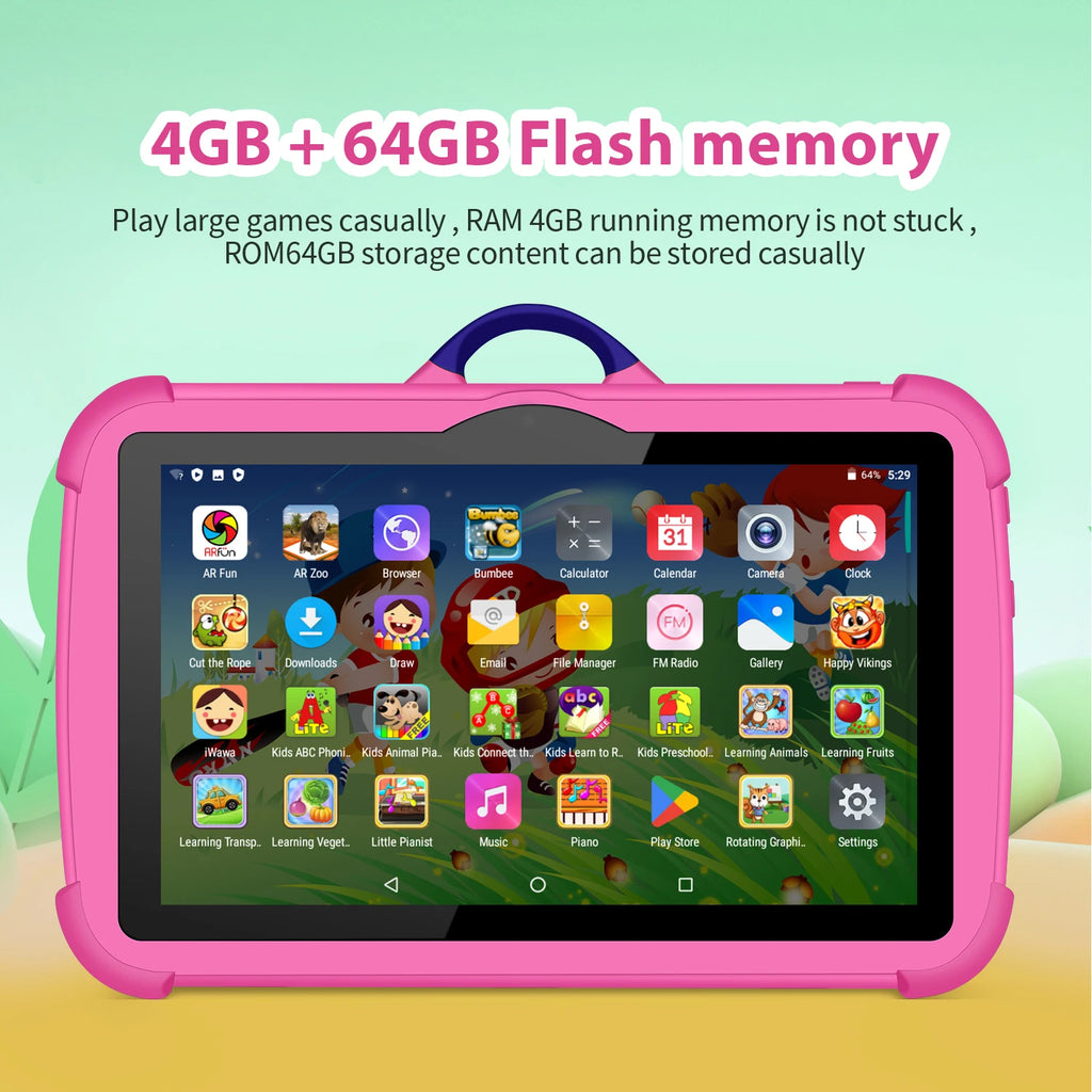 Tablet Infantil 7” Android com capa divertida, 4GB RAM, 64GB armazenamento e jogos educativos para crianças.