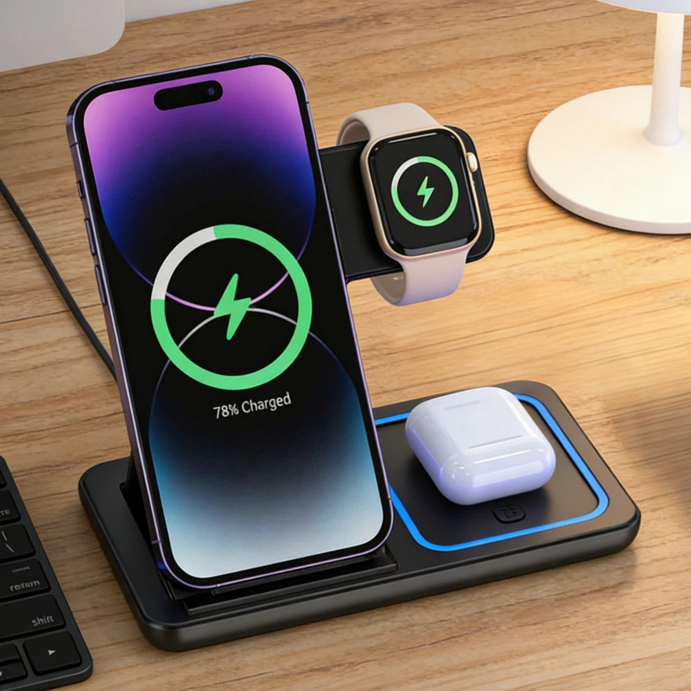 Carregador Wireless 3 em 1 Dobrável para iPhone, Apple Watch e AirPods
