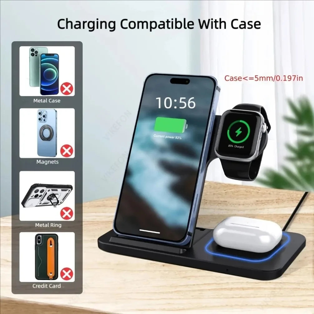 Carregador Wireless 3 em 1 Dobrável para iPhone, Apple Watch e AirPods