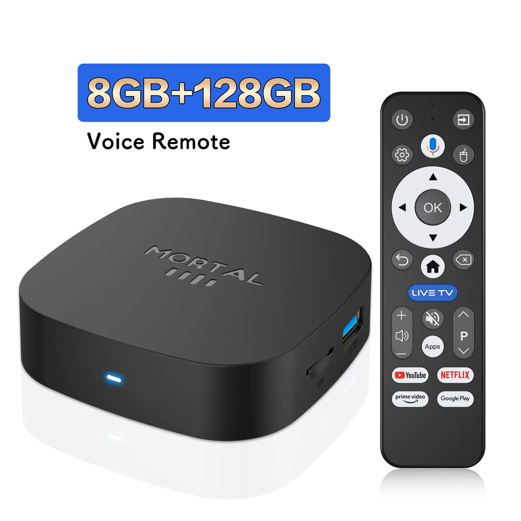TV Box Android 16 8K com 8GB RAM, 128GB armazenamento e Wi-Fi Dual Band para entretenimento em alta qualidade.