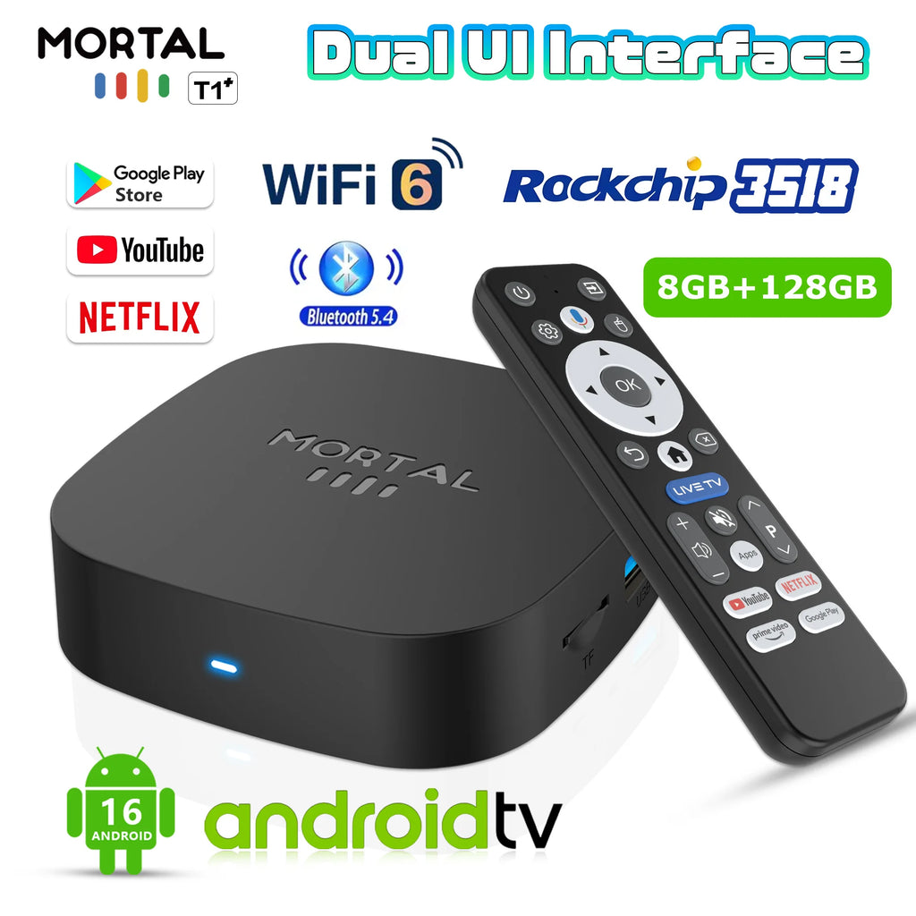 TV Box Android 16 8K com 8GB RAM, 128GB armazenamento e Wi-Fi Dual Band para entretenimento em alta qualidade.